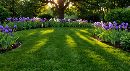 Obraz premium Lush Green Lawn And Vibrant Purple Irises In A Serene Backyard Garden