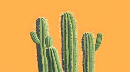 Photograph of cacti against a solid orange background, showcasing their ribbed forms and spines.