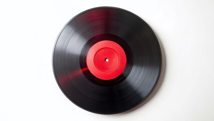 Vintage Vinyl Record Top View, Red Label, Isolated White Background