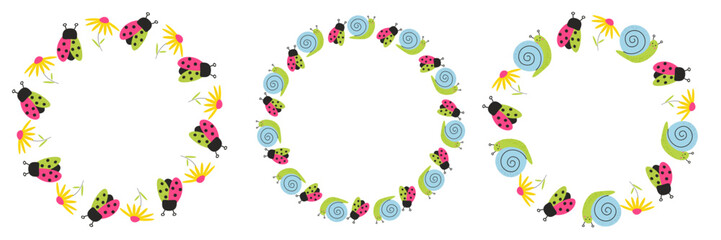 Vector summer frame with insects. Colorful frames with snail, flower, ladybug, caterpillar. Clean, bright design. Isolated.
