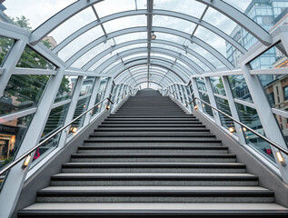 modern glass and metal stairway ascending in a city building