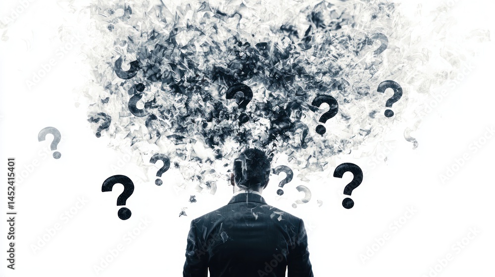 Aufkleber conceptual art of a person surrounded by floating question marks, showing uncertainty and fear, whit