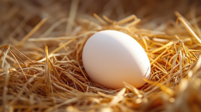 A single, perfectly smooth white egg nestled in a bed of golden straw, illuminated by soft morning light - Powered by Adobe