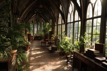 Fototapeta premium Sunlit Greenhouse Interior, Lush Plants in Gothic Architecture, Serene Tranquil Atmosphere, Wooden Flooring, Vintage Furniture
