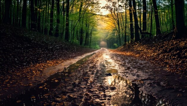Un camino forestal de tierra empapada y cubierto de hojas y charcos. La tierra parece respirar y brillar, casi como un viaje psicod&eacute;lico apenas perceptible.