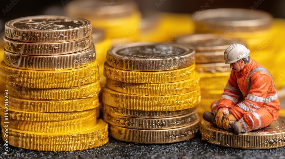 Poster small fig resting on pile of coins illustrating unique wealth accumulation in post-human labor incom