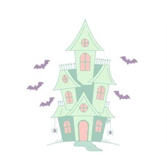 Naklejka premium Pastel Green Haunted House with Bats and Spiders