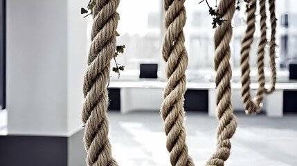 Rustic ropes adorn a modern office space, accented with greenery.  Sunlight streams in, illuminating the interior