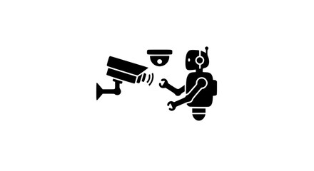Robot in front of a camera, black and white icon