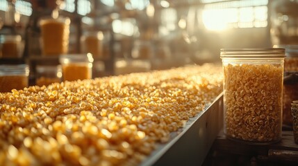 Brightly lit scene of golden popcorn kernels in a storage facility with jars in the foreground