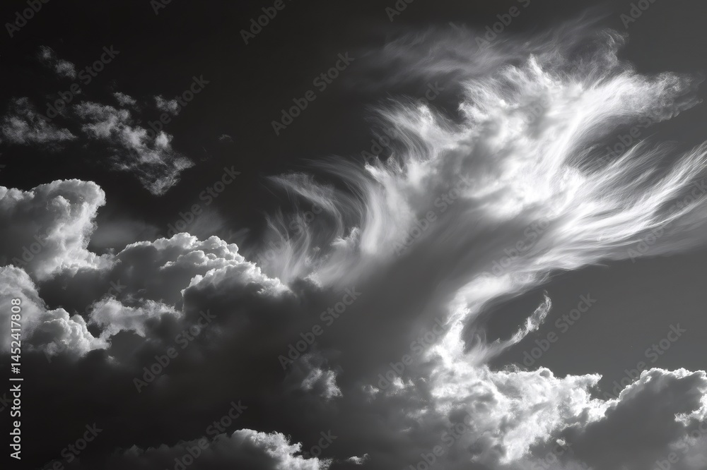 Aufkleber black and white image of wind currents dynamically shaping clouds in a dramatic monochrome cloudscap