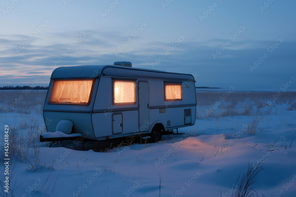 Aufkleber caravan parked in a snowy field is illuminated by warm light emanating from its windows at dusk, cre