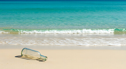 Glass Bottle on Serene Beach Shore with Gentle Waves and Blue Sky