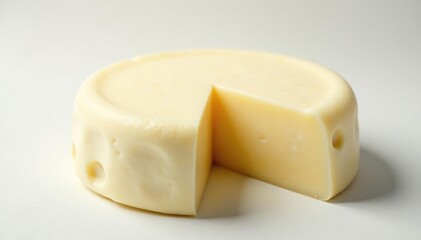 Creamy white cheese wheel on pristine background, white, snack