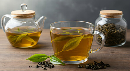 Fresh Green Tea with Leaves in Glass Cup on Wooden Table