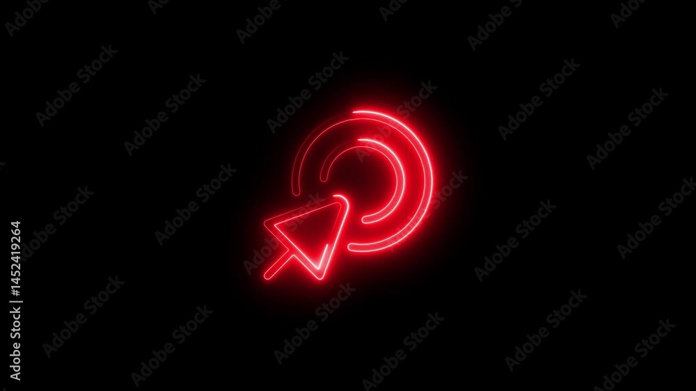Poster glowing red neon cursor symbol on black background illuminating digital interface.
