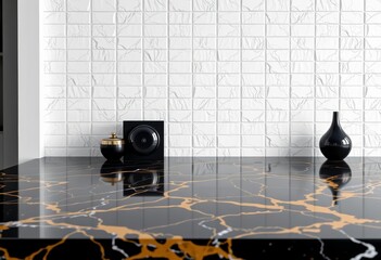 Black gold marble countertop with white textured tile backdrop,  interior,  dark marble