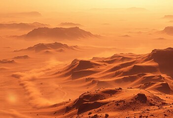 Fototapeta premium Dusty Martian landscape, hills, craters, atmospheric haze, lens flare, astronomy, research