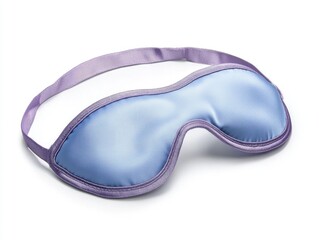 A soft blue sleep mask with lavender trim and elastic strap, isolated on white background