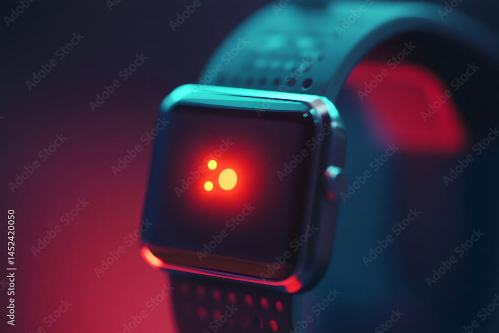 Poster close up of a smartwatch displaying a red notification light, suggesting an alert or incoming messag