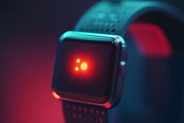 Close up of a smartwatch displaying a red notification light, suggesting an alert or incoming message in a modern, technology driven setting