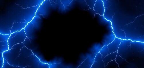 Obraz premium Electric blue lightning bolt frame, cosmic nebula backdrop, glowing edges, dark center, vibrant color, striking