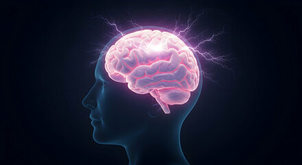 Human Brain with Electric Sparks and Neon Glow in Dark Background