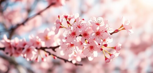Obraz premium Close-up of delicate pink cherry blossoms blooming on branches, sunlit, soft bokeh, japanese, botany