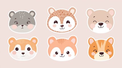 Obraz premium Cute animal face sticker set for a nursery