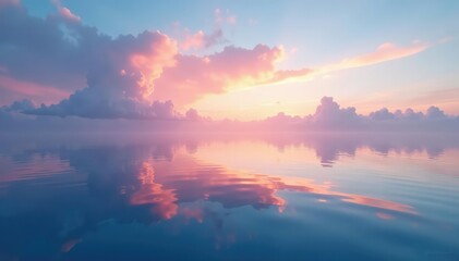 Naklejka premium Subtle gradient sky mirroring water's reflection, illustration, art, photo