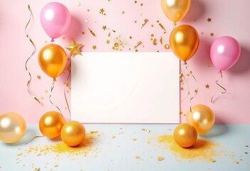 Elegant blank white card mockup, pastel background, gold balloons, powder, confetti,   flyer,  template