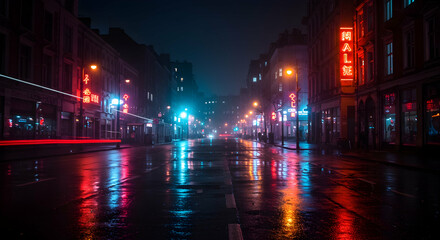 Obraz premium Mysterious Night Street Scene with Neon Lights and Reflections