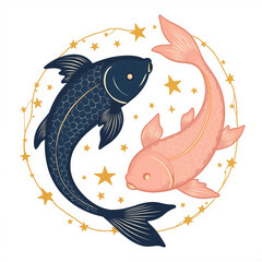 Koi fish swimming peacefully among stars in a celestial design  