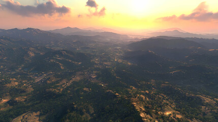 Obraz premium High-angle view of a valley nestled between mountain ranges at sunset. Lush foliage, scattered settlements, and rolling hills are visible. Golden light bathes the scene
