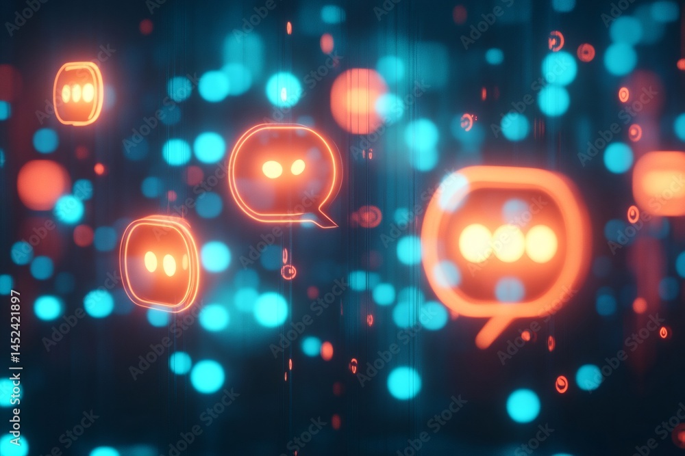 Poster orange and teal glowing chat bubbles float on a dark digital background with bokeh effect, represent