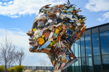 Large colorful sculpture representing human head made with recycled materials promoting environmental awareness and placed in front of modern glass building