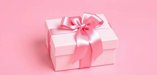 Obraz premium Delicate pink gift box with a satin ribbon bow, pastel pink background, delicate, summer