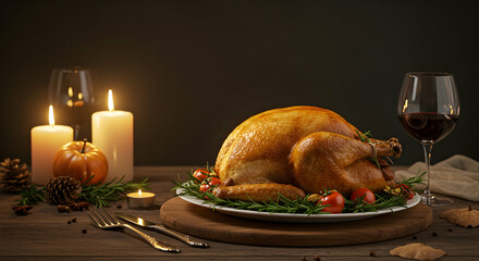Golden Roast Turkey on Festive Table Surrounded by Candles and Wine