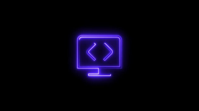 Animated glowing neon computer monitor with code brackets on a black background