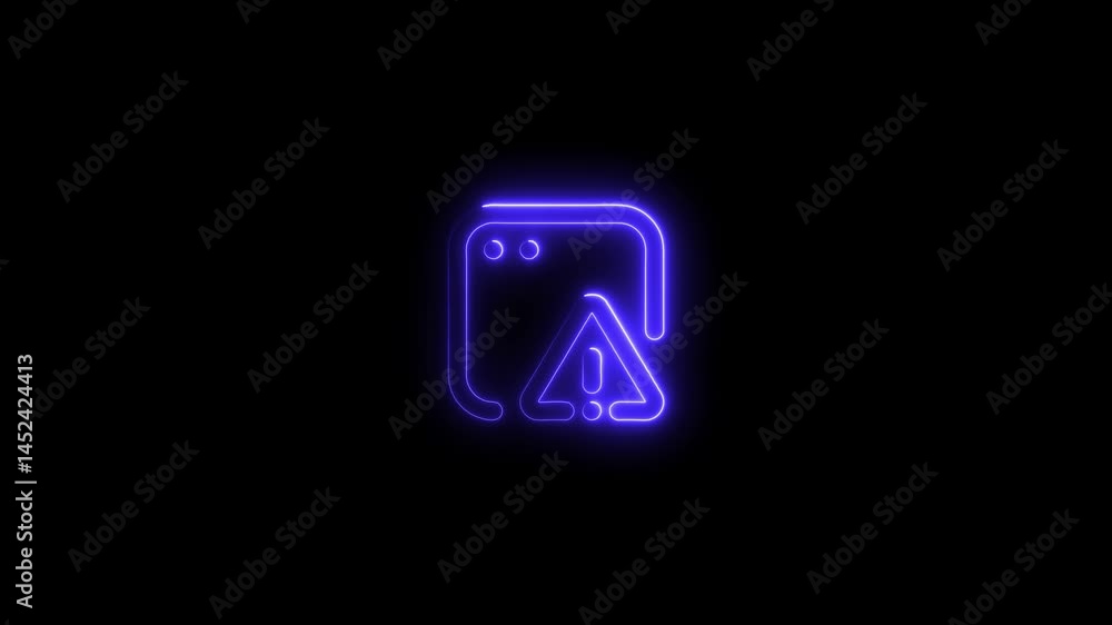 Poster glowing neon warning icon animation on black background for digital alert and error concepts