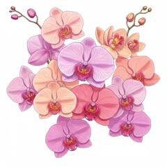 Pink And Purple Orchid Blossom Bouquet Illustration