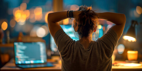 Back view software developer taking break stretching in front of desk with laptop and code visible