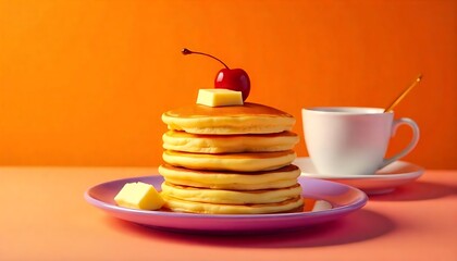 Delicious Buttery Pancakes Stack with Cherry Breakfast Treat