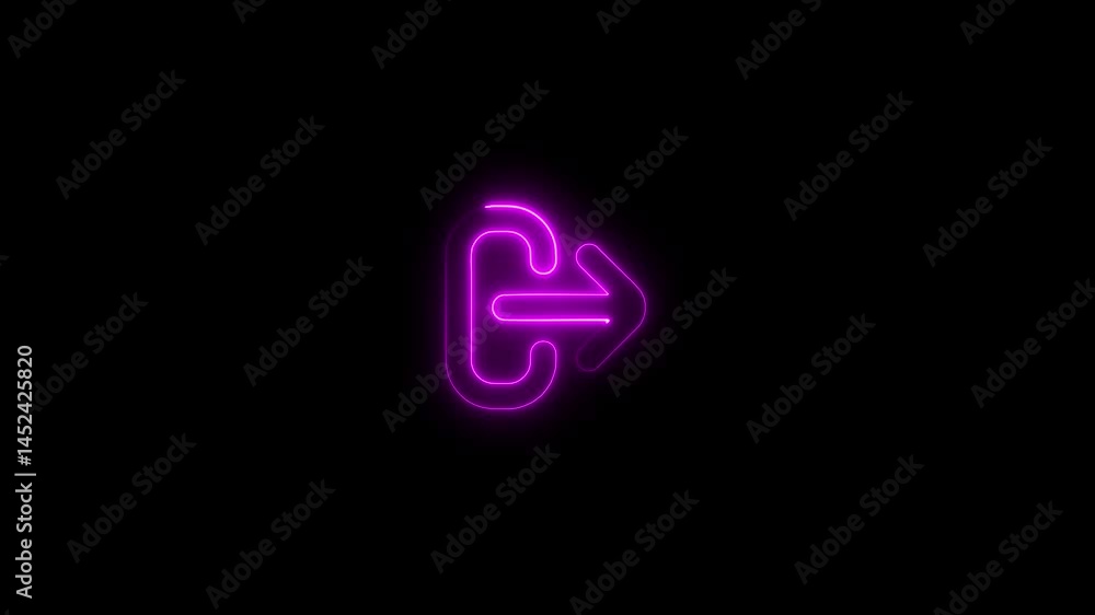 Poster glowing neon exit symbol animated on black background with illuminated pink edges