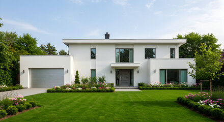 Stylish Modern Home With Green Lawn and Flowerbeds Under Blue Sky
