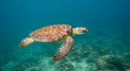 Fototapeta premium Graceful Sea Turtle Swimming in Clear Tropical Ocean Waters