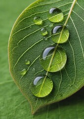 Macro shot of water droplets on a vibrant green leaf, nature's beauty concept