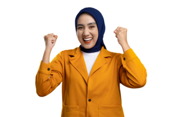 Cheerful young Asian woman making yes gesture, celebrating success, clenching fists isolated on transparent background