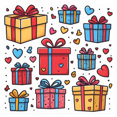 Colorful Cartoon Gift Boxes with Bows and Hearts Perfect for Celebration and Holiday Designs