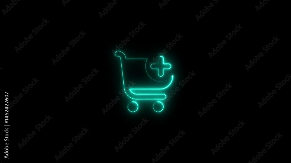 Poster neon light animation of a shopping cart symbol with plus sign adding to cart